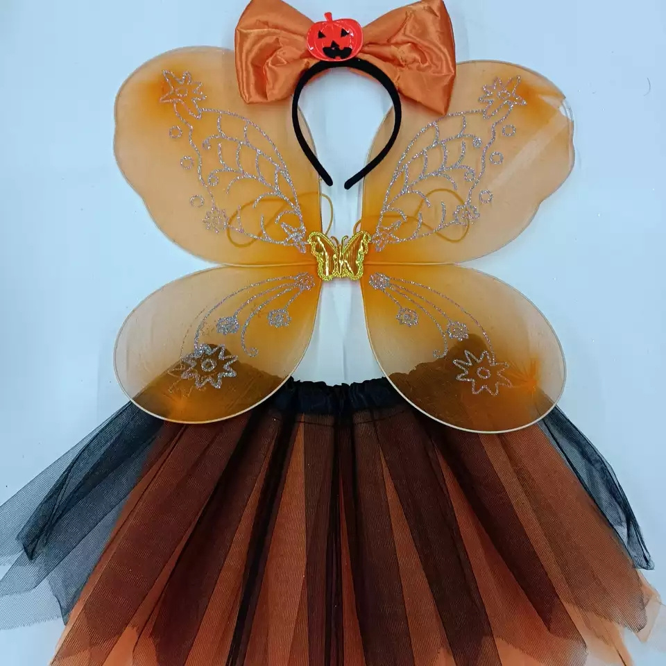 Halloween Yellow Dress Fairy Butterfly Kids Costume Tutu Skirt Wings With Headband Ballet Costume Set