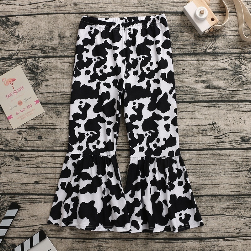 New Arrival Wholesale Toddler Girls Brown Cow Printed Wide Leg Pants Milk Silk Toddler Baby Bell Bottoms