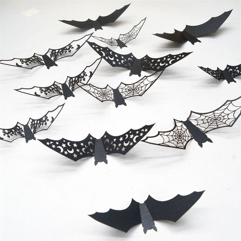 Black Bat Sticker Room Decor Party DIY Decals Halloween Horror Bats Removable New 12Pcs Halloween 3D Hollow Bat Wall Stickers