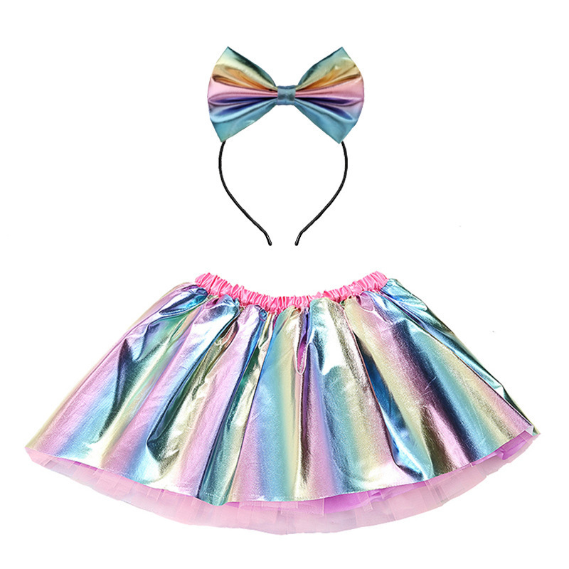 High quality Kids skirts festival costume with bow hairpins princess shiny tutu skirt girl