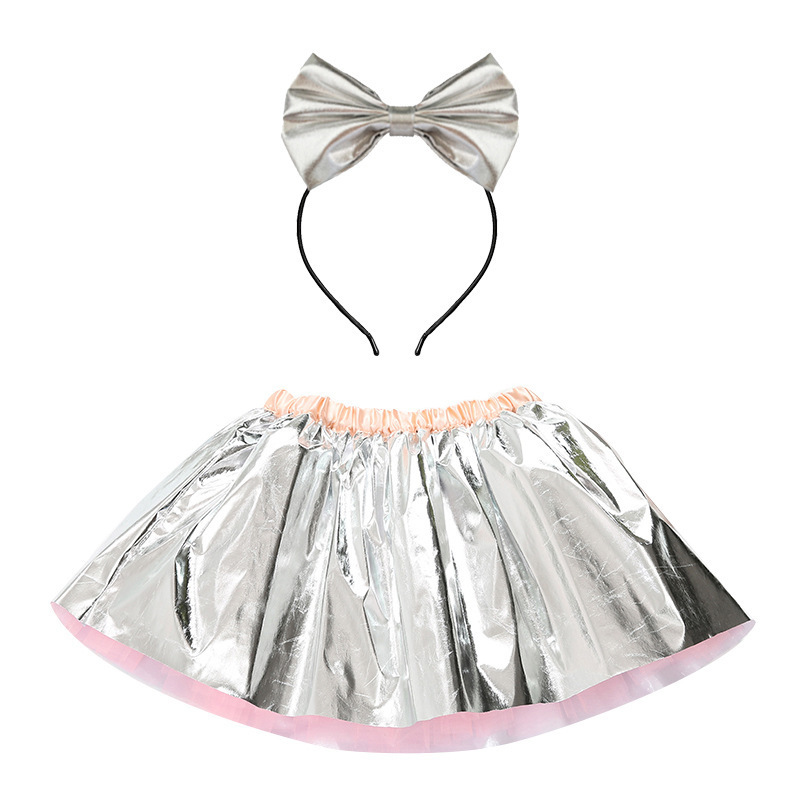 High quality Kids skirts festival costume with bow hairpins princess shiny tutu skirt girl