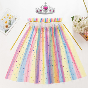 Kid Toddler Girl Birthday Party Stage Dance Costume Dress Up Colorful Rainbow Sequin Tulle Princess Cloak Cape