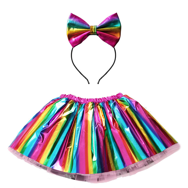 High quality Kids skirts festival costume with bow hairpins princess shiny tutu skirt girl