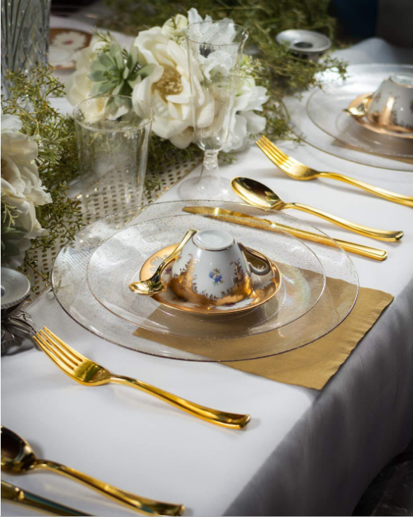 Gold Glitter Plastic Plates with Disposable Silverware, Cups Dinnerware sets for Wedding Parties Events