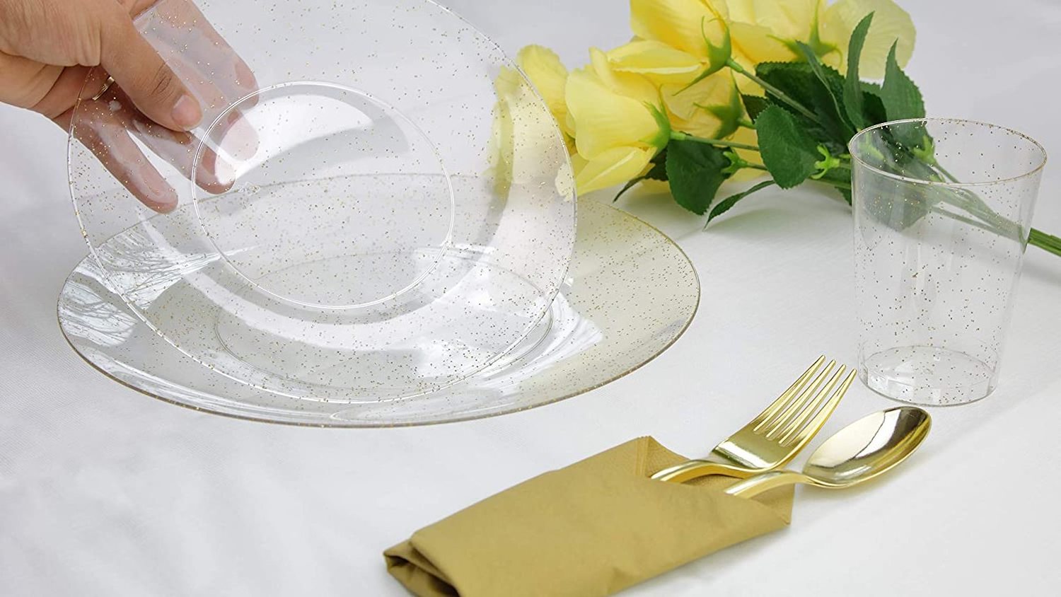 Gold Glitter Plastic Plates with Disposable Silverware, Cups Dinnerware sets for Wedding Parties Events