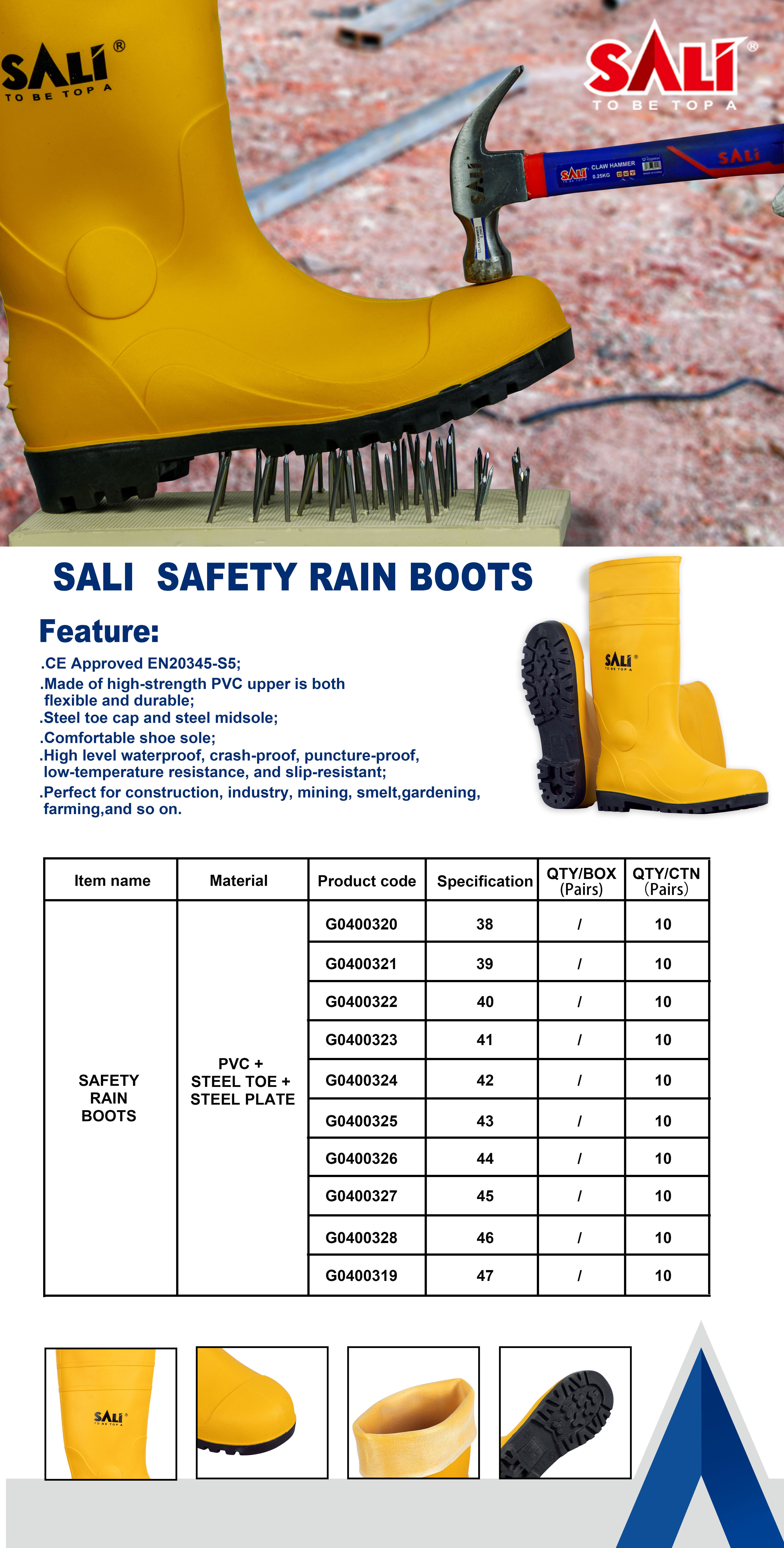 High Quality Construction Rainy Shoes Custom Design Waterproof Steel Toe midsole Safety PVC Rain Boots