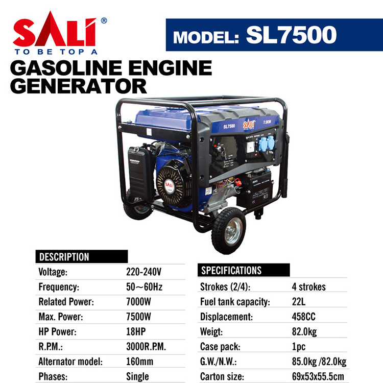 SALI SL7500 Gasoline Generator 18HP 7.5KW Engine 4-Stroke Single Phase Gasoline Generator