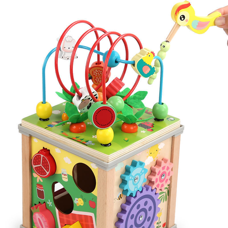 Multifunctional Wooden Activity Cubes Pull Up Carrots Clock Cognition Games Bead Maze Ball Puzzle Educational Toys For Kids