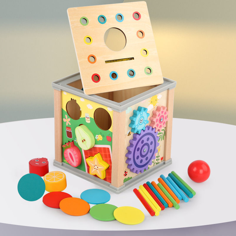 Multifunctional Wooden Activity Cubes Pull Up Carrots Clock Cognition Games Bead Maze Ball Puzzle Educational Toys For Kids