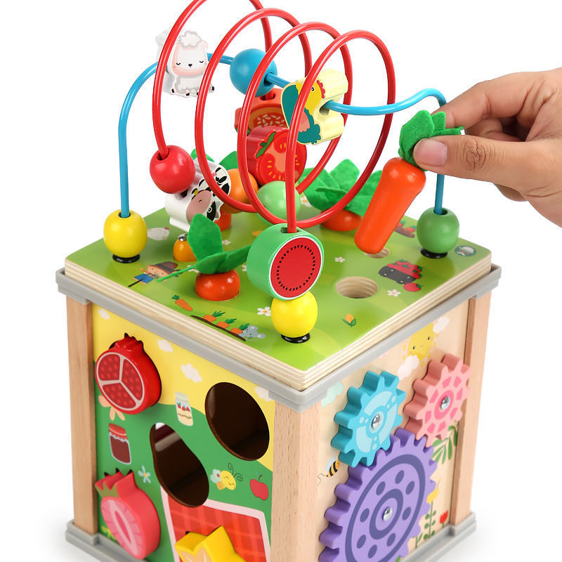 Multifunctional Wooden Activity Cubes Pull Up Carrots Clock Cognition Games Bead Maze Ball Puzzle Educational Toys For Kids