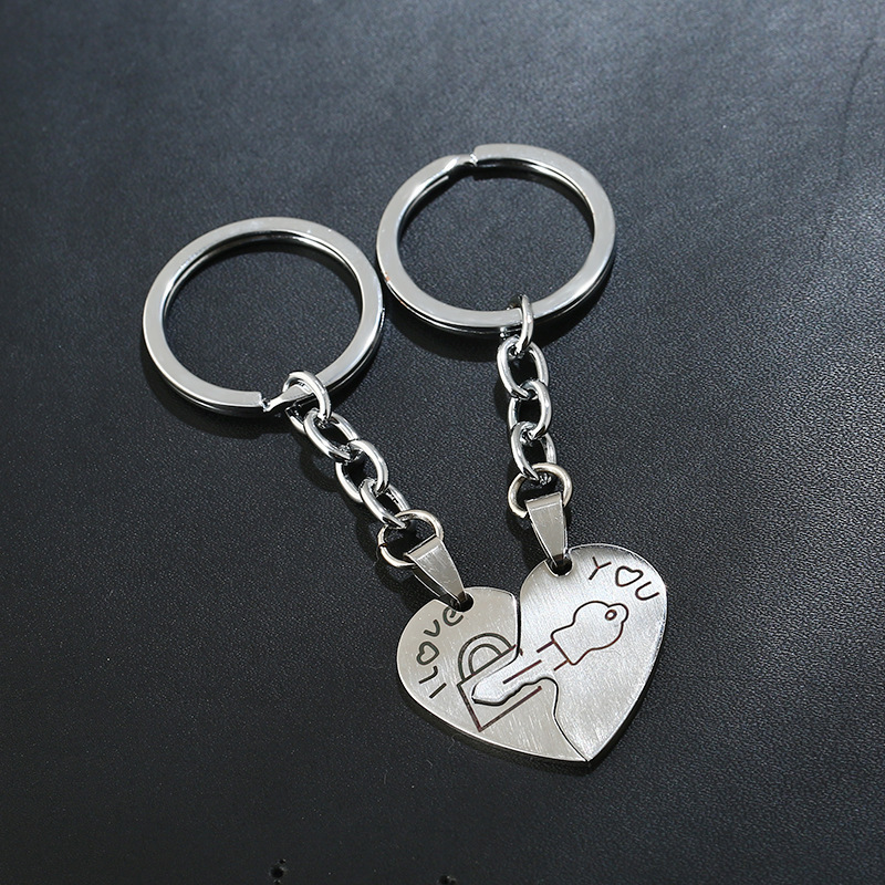 Wholesale fashion heart shape Laser carving key and lock i love you romantic gift jewelry stainless steel keychain key rings