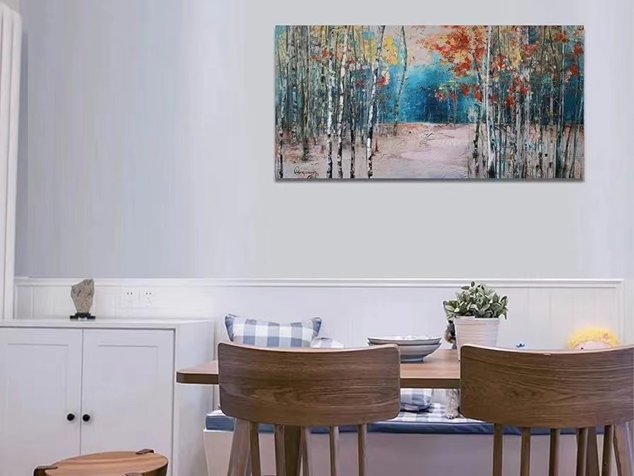 Yiwu original white birch tree canvas wall art blue forest painting landscape panoramic painting home wall decoration