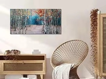 Yiwu original white birch tree canvas wall art blue forest painting landscape panoramic painting home wall decoration