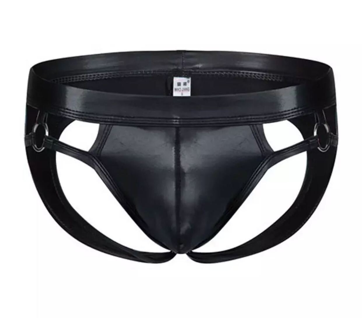 Amazon hot men underwear black imitation leather backless sexy exotic panties for sleeping wear