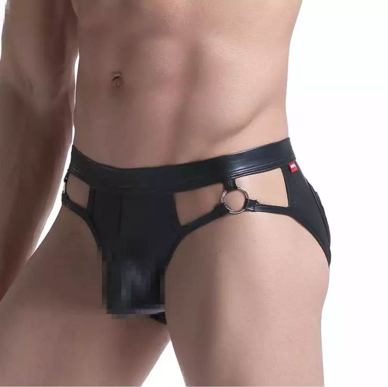 Amazon hot men underwear black imitation leather backless sexy exotic panties for sleeping wear