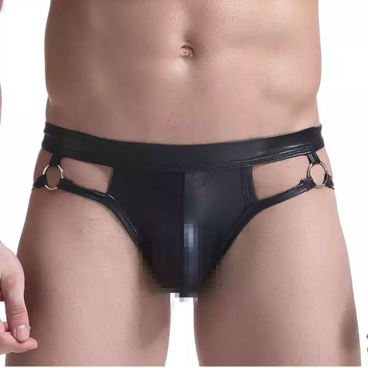 Amazon hot men underwear black imitation leather backless sexy exotic panties for sleeping wear