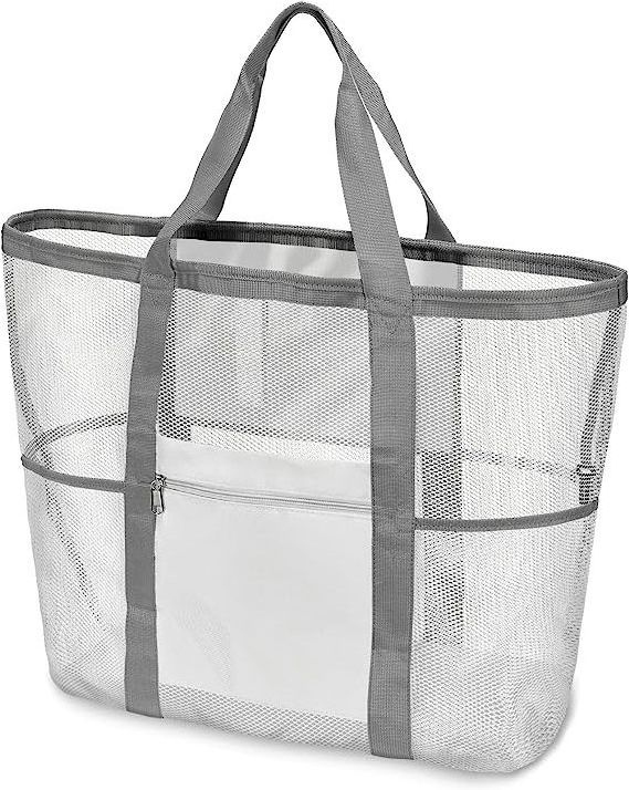 2023 Popular Clear Large Capacity Vacation Travel Tote Bag Women 9 Pockets Lightweight Transparent Mesh Beach Bag