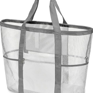 2023 Popular Clear Large Capacity Vacation Travel Tote Bag Women 9 Pockets Lightweight Transparent Mesh Beach Bag