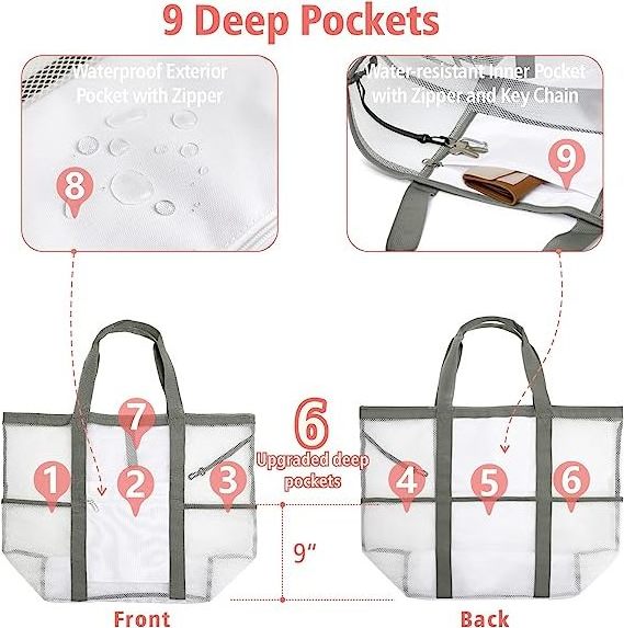 2023 Popular Clear Large Capacity Vacation Travel Tote Bag Women 9 Pockets Lightweight Transparent Mesh Beach Bag