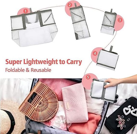 2023 Popular Clear Large Capacity Vacation Travel Tote Bag Women 9 Pockets Lightweight Transparent Mesh Beach Bag