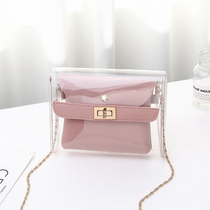 2019 Korean Transparent  Wholesale Women Jelly  Pvc Chain Jelly  2Pcs Set Handbag For Ladies