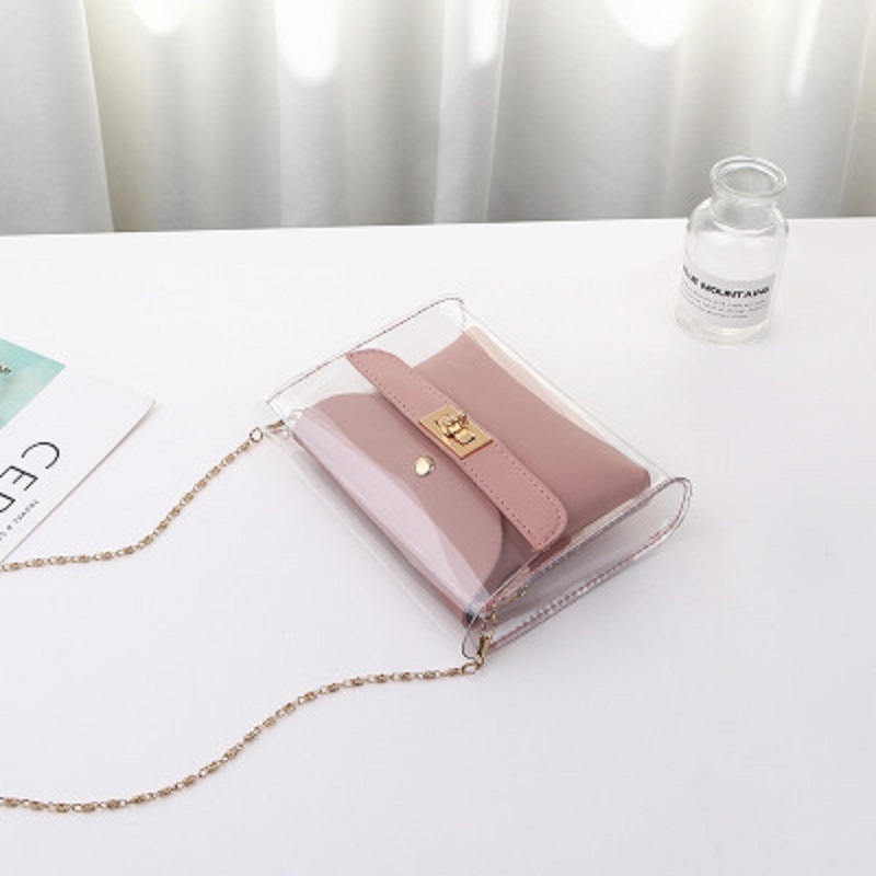 2019 Korean Transparent  Wholesale Women Jelly  Pvc Chain Jelly  2Pcs Set Handbag For Ladies