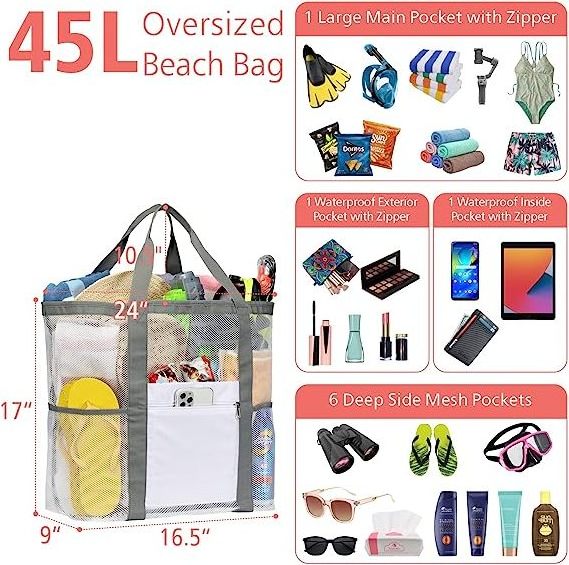 2023 Popular Clear Large Capacity Vacation Travel Tote Bag Women 9 Pockets Lightweight Transparent Mesh Beach Bag