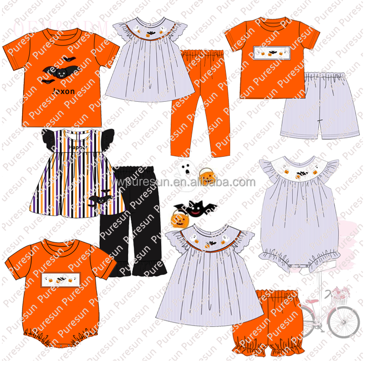 puresun smocked embroidery baby clothing Halloween wholesale baby clothes smocked baby clothing