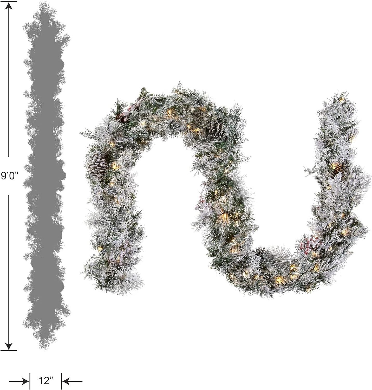 Pre-lit Snowy Artificial Christmas Garland Decorated with Cedar leaves, Berry clusters, Pine cones and Frosted Branches