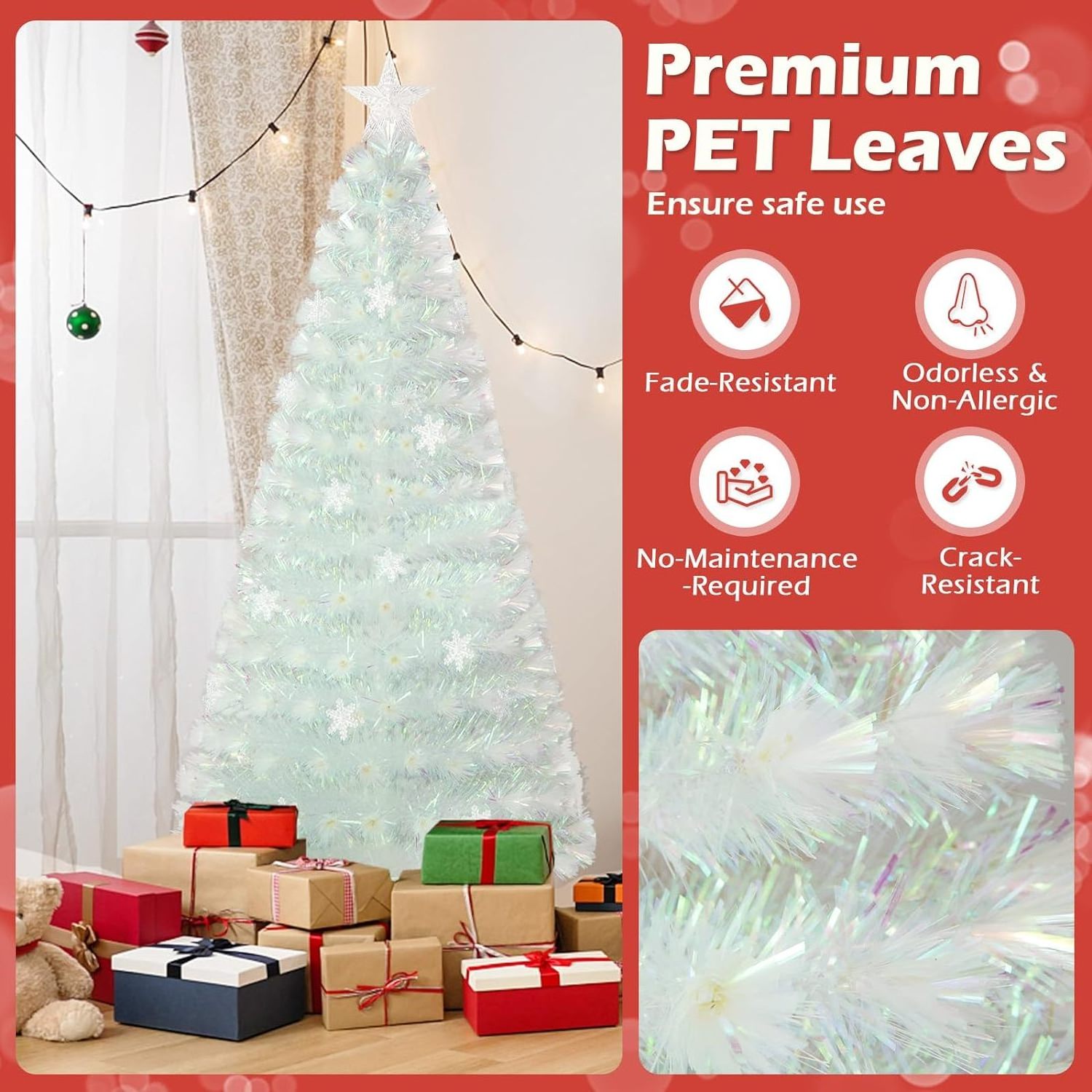 Custom 6ft Pre-Lit White Fiber Optic Artificial  Christmas Tree with Iridescent Leaves, Multi-Color Snowflake LED Lights