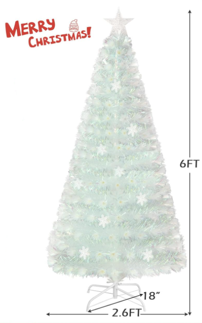 Custom 6ft Pre-Lit White Fiber Optic Artificial  Christmas Tree with Iridescent Leaves, Multi-Color Snowflake LED Lights