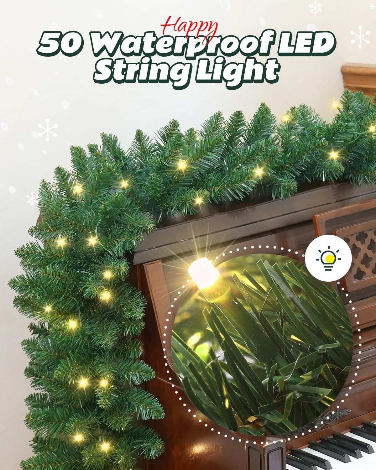 9ft Christmas Garland with LED Lights and Timer, Prelit Xmas Garland Battery Operated, Artificial Green Garland