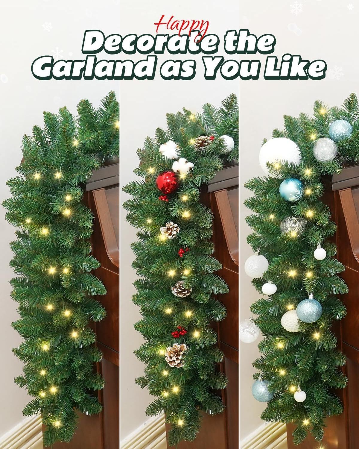 9ft Christmas Garland with LED Lights and Timer, Prelit Xmas Garland Battery Operated, Artificial Green Garland