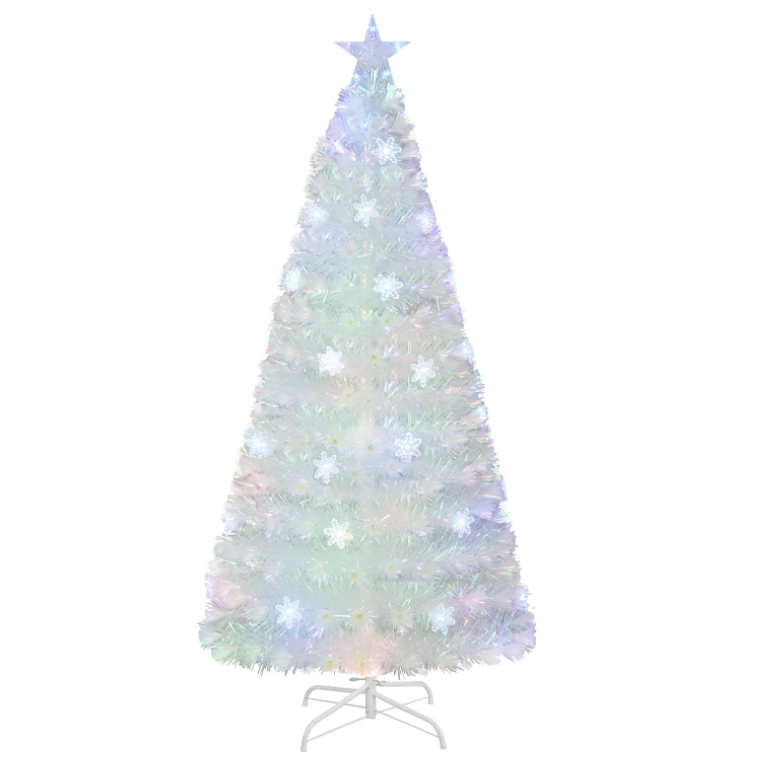 Custom 6ft Pre-Lit White Fiber Optic Artificial  Christmas Tree with Iridescent Leaves, Multi-Color Snowflake LED Lights