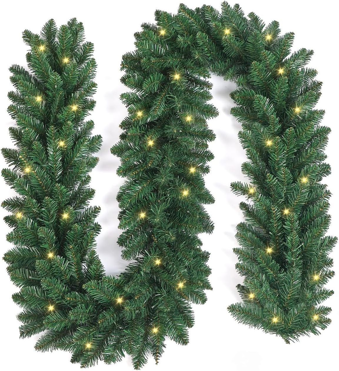 9ft Christmas Garland with LED Lights and Timer, Prelit Xmas Garland Battery Operated, Artificial Green Garland