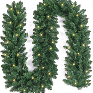 9ft Christmas Garland with LED Lights and Timer, Prelit Xmas Garland Battery Operated, Artificial Green Garland