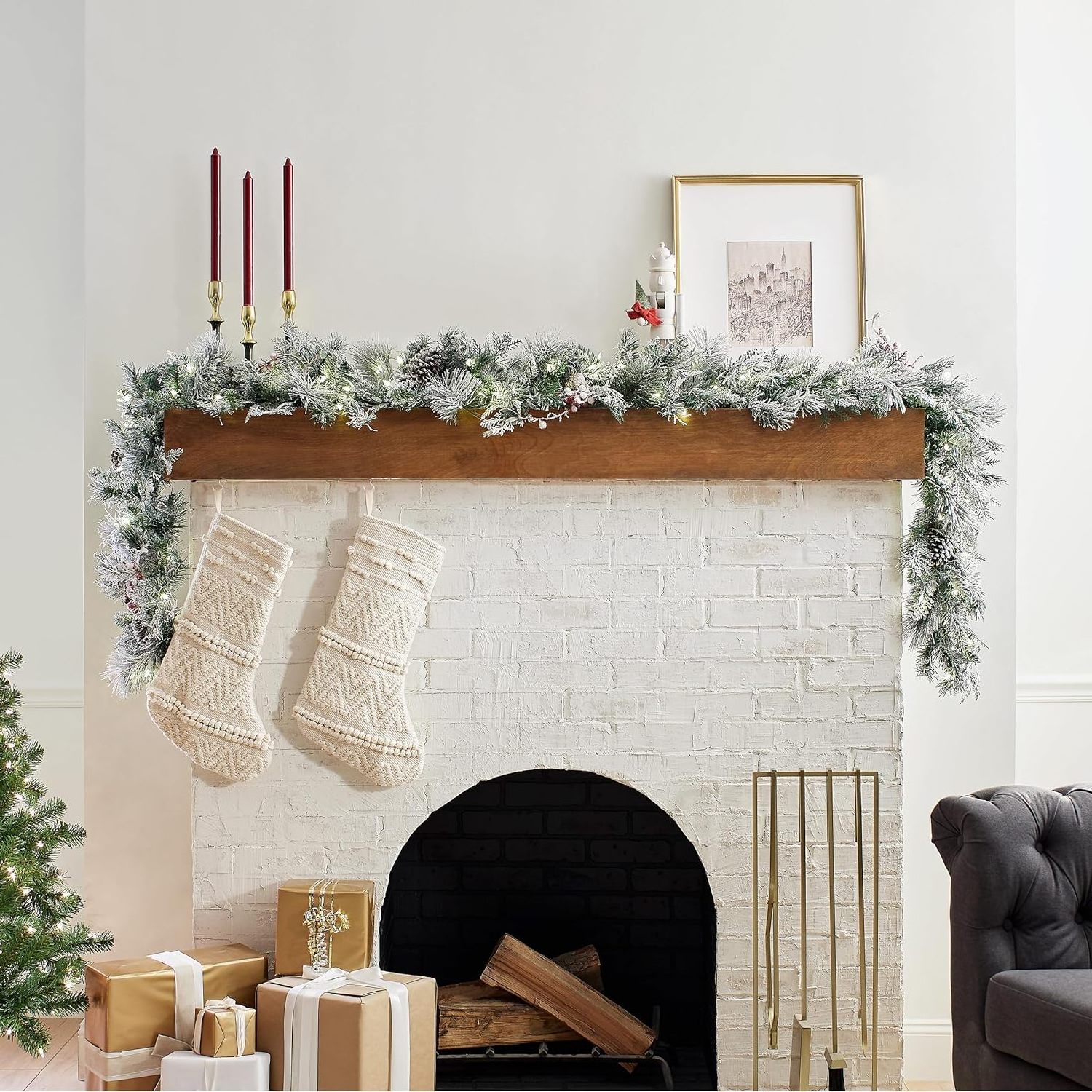 Pre-lit Snowy Artificial Christmas Garland Decorated with Cedar leaves, Berry clusters, Pine cones and Frosted Branches