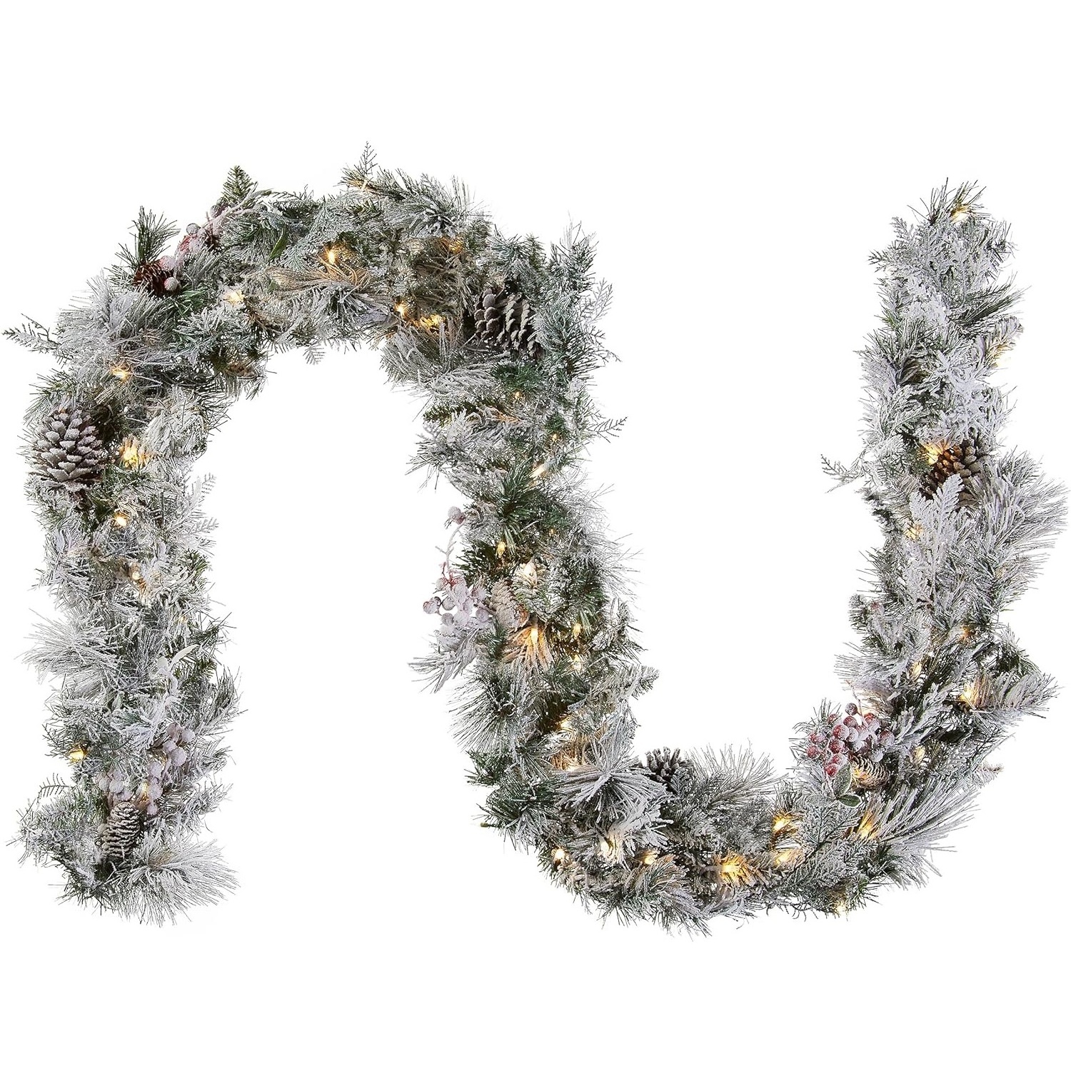 Pre-lit Snowy Artificial Christmas Garland Decorated with Cedar leaves, Berry clusters, Pine cones and Frosted Branches