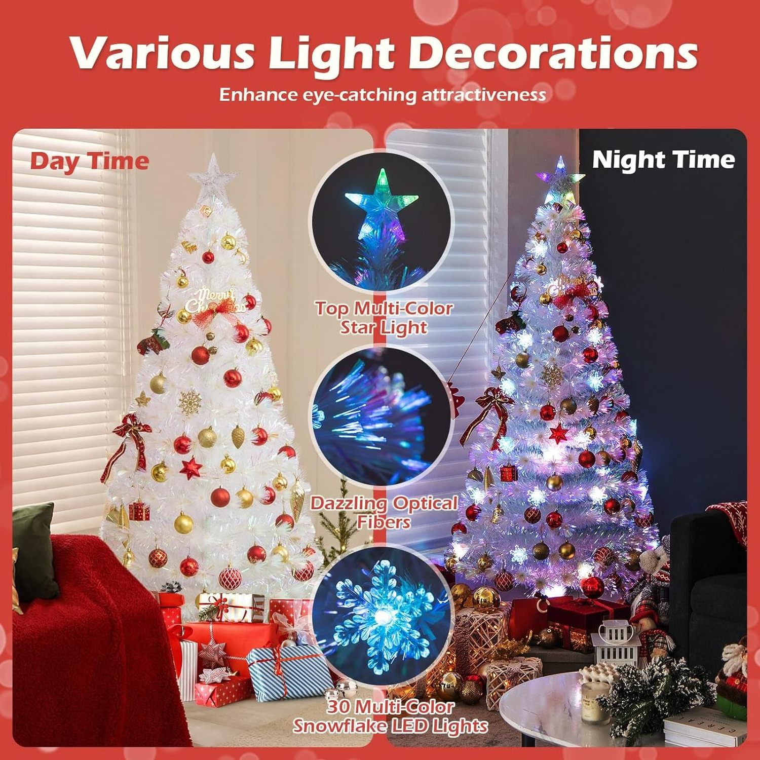 Custom 6ft Pre-Lit White Fiber Optic Artificial  Christmas Tree with Iridescent Leaves, Multi-Color Snowflake LED Lights