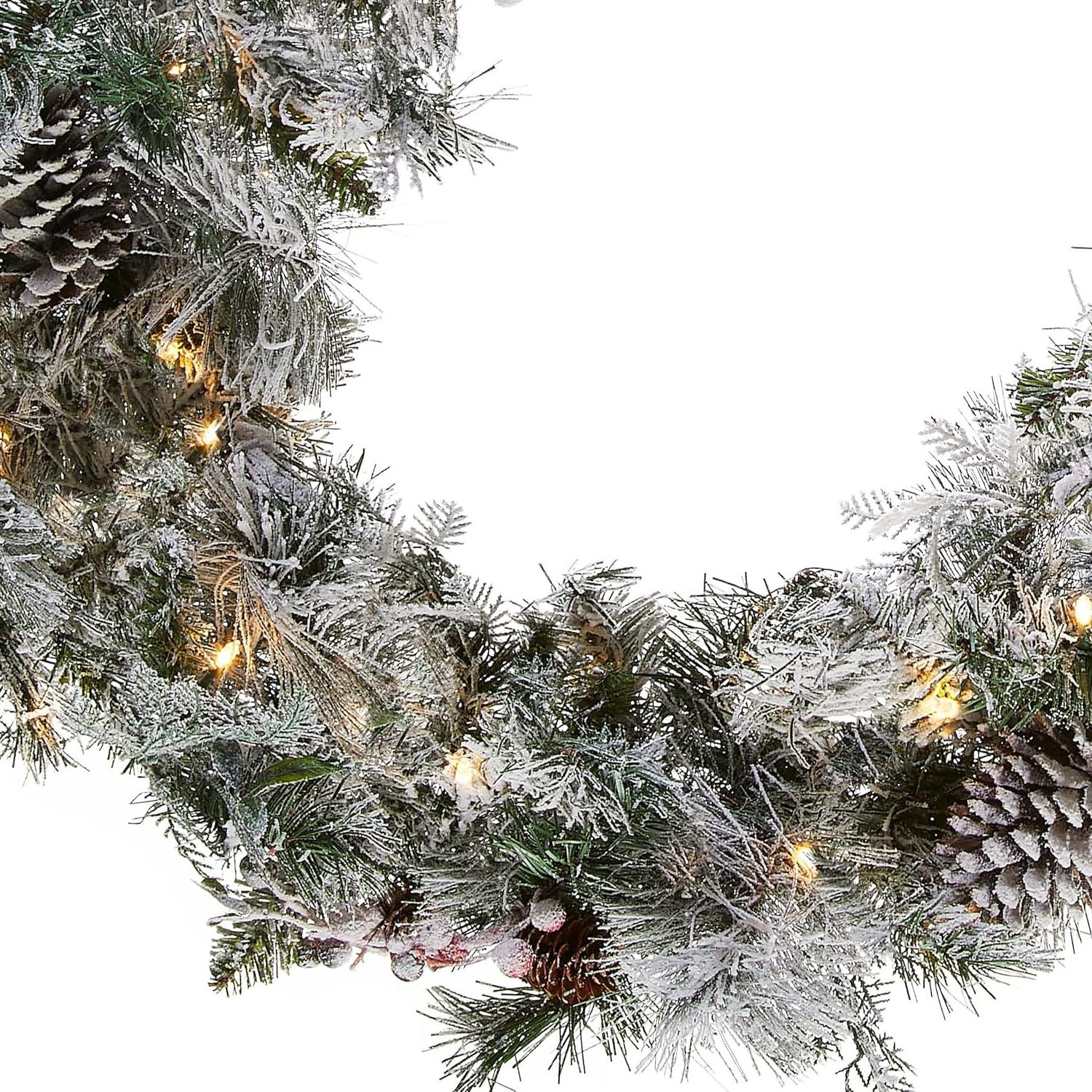 Pre-lit Snowy Artificial Christmas Garland Decorated with Cedar leaves, Berry clusters, Pine cones and Frosted Branches