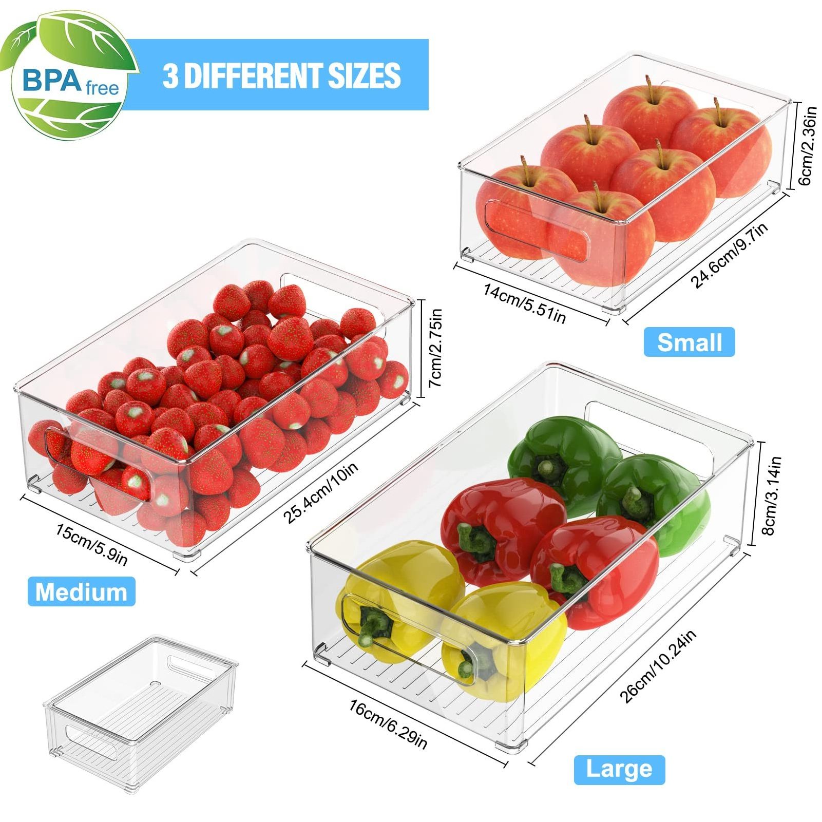 Hot selling Transparent Plastic Pet Kitchen Stackable Storage Box Bins Container Set Refrigerator Drawer Fridge Organizer