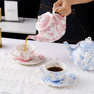 QIAN HU 2021 Model British Tea Cup Retro Embossed coffee kettle European Court Style Afternoon Tea Teapot Set Ceramic Porcelain