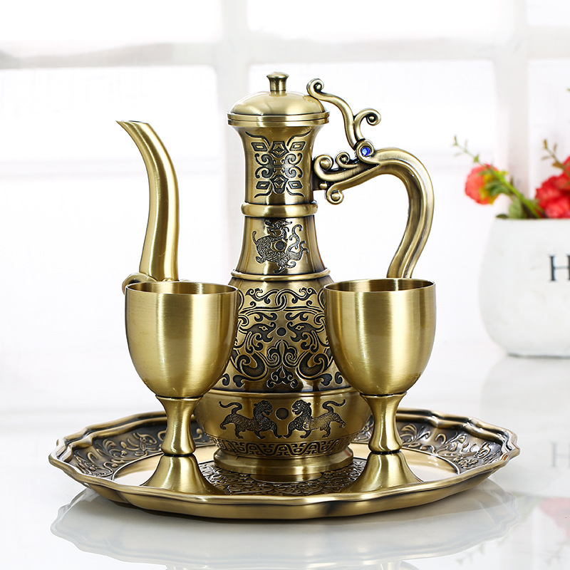 QIAN HU Ramadan Turkish Tea Set Cups Arabic Style Brass Copper Retro Teapot with Tray