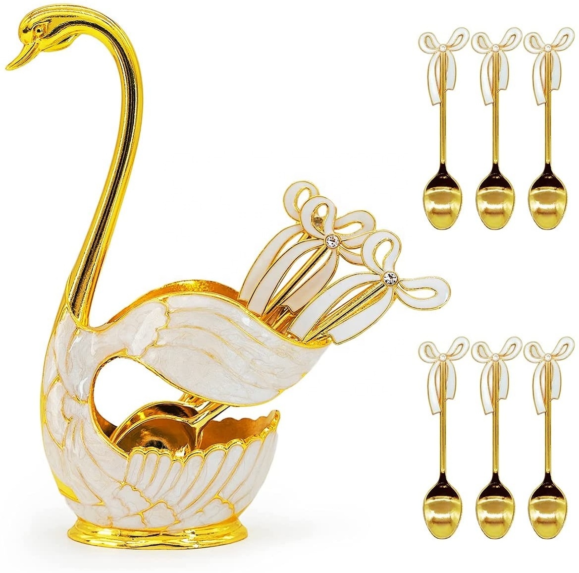 QIAN HU Elegant Silver High-End Metal Swan Coffee Tea Spoon Set 6 with Crystal Stone Holder Gift Box Package