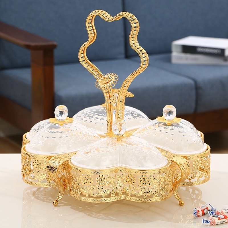 QIAN HU Nordic Style Large Metal Compartment Acrylic Serving Tray Luxury Gold Handles Creative Home Dishes Serving Tray Chinese