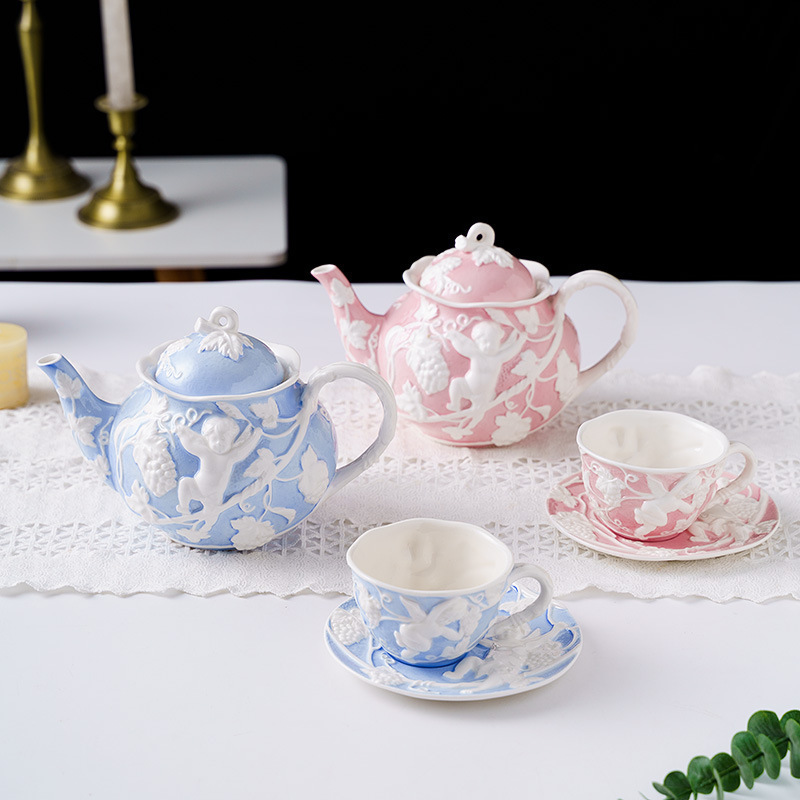 QIAN HU 2021 Model British Tea Cup Retro Embossed coffee kettle European Court Style Afternoon Tea Teapot Set Ceramic Porcelain