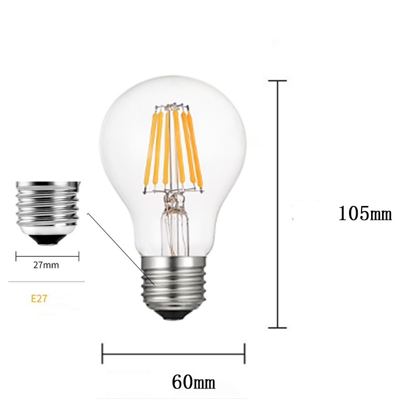 220V Classic Edison A60 LED Light Bulbs 4W E27 Medium Base 2700K Clear Glass Vintage Dimmable LED Filament Bulb