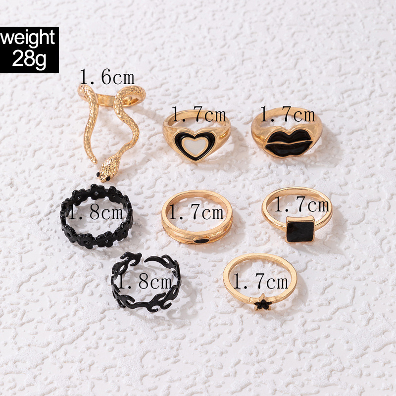 Cross Border Lips Lovely Heart Oil Drip Star Ring Set Geometric Alphabet Serpentine Zodiac Eight-Piece Ring