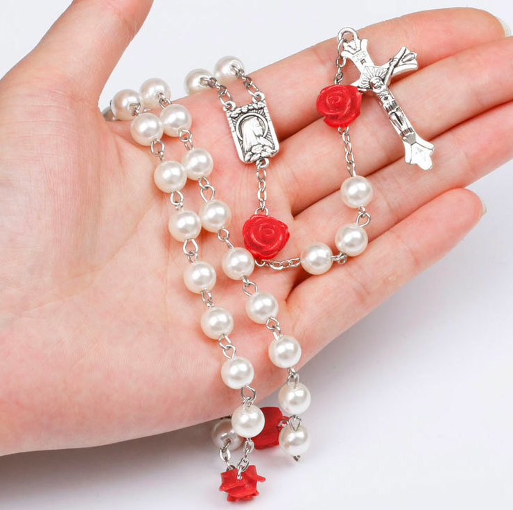 8mm Glass Imitation Pearl Bead Holy Catholic Rosaries Necklace With Silver Cross Lourdes Center Rosary