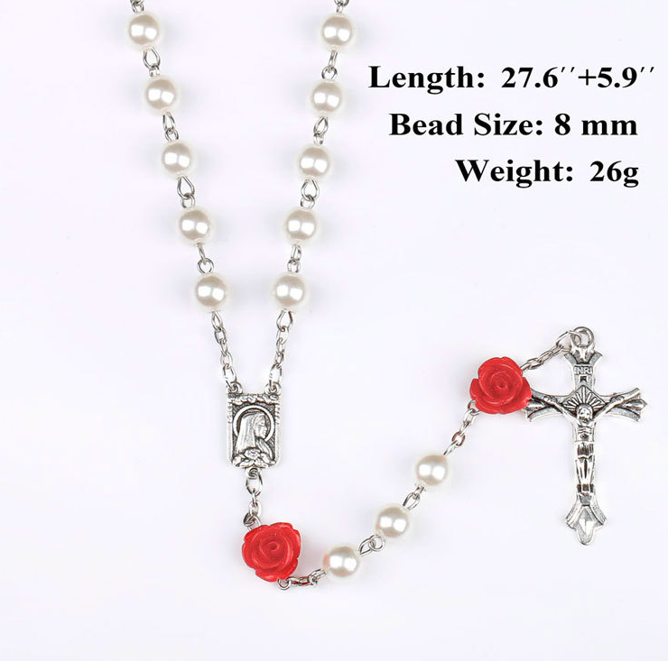 8mm Glass Imitation Pearl Bead Holy Catholic Rosaries Necklace With Silver Cross Lourdes Center Rosary